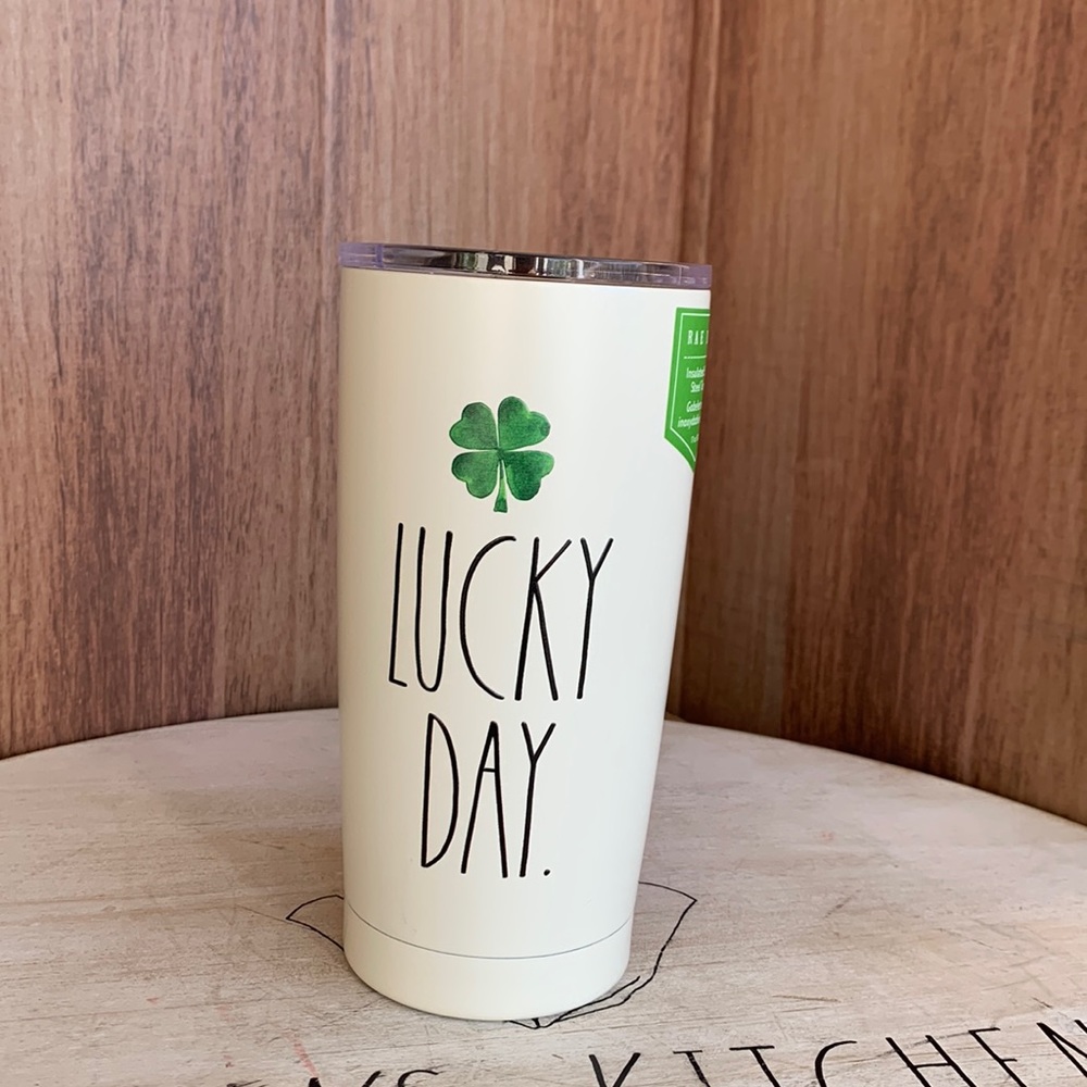 Rae Dunn Travel mug , “lucky day”white, insulated stainless steel tumbler NEW